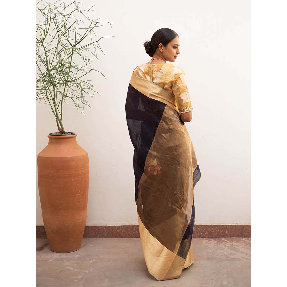 PRIYANKA RAAJIV Lopa Navy Blue - Blue and Gold Silk Chanderi Saree with Unstitched Blouse