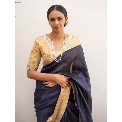 PRIYANKA RAAJIV Lopa Navy Blue - Blue and Gold Silk Chanderi Saree with Unstitched Blouse