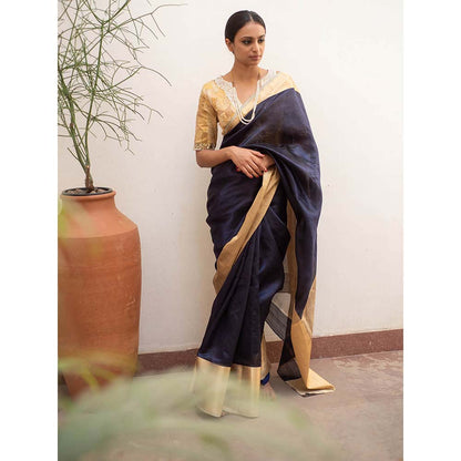 PRIYANKA RAAJIV Lopa Navy Blue - Blue and Gold Silk Chanderi Saree with Unstitched Blouse