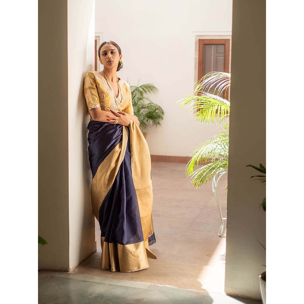 PRIYANKA RAAJIV Lopa Navy Blue - Blue and Gold Silk Chanderi Saree with Unstitched Blouse