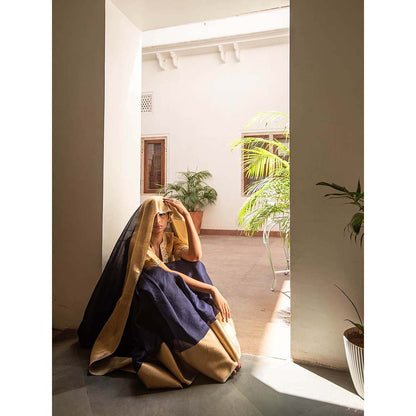PRIYANKA RAAJIV Lopa Navy Blue - Blue and Gold Silk Chanderi Saree with Unstitched Blouse