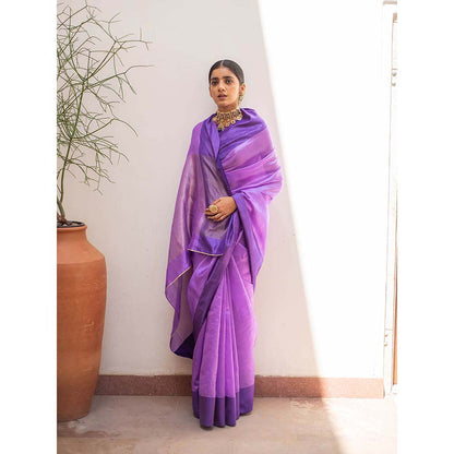 PRIYANKA RAAJIV Kaiya Purple - Purple Silk Mashroo Saree with Tonal Border with Unstitched Blouse