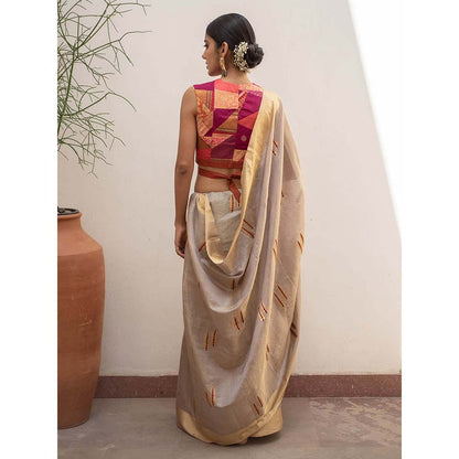 PRIYANKA RAAJIV Kuu - Silver and Gold Silk Chanderi Saree with Unstitched Blouse