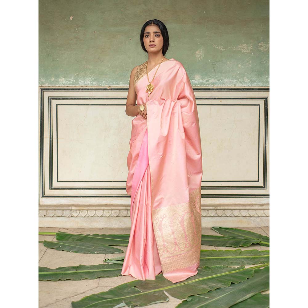 PRIYANKA RAAJIV Mani - Rose Pink Silk Mashroo Saree with Unstitched Blouse