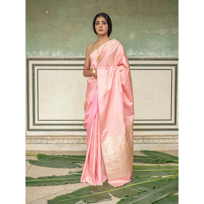 PRIYANKA RAAJIV Mani - Rose Pink Silk Mashroo Saree with Unstitched Blouse