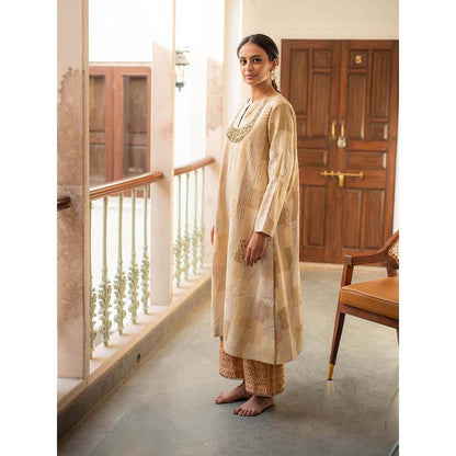PRIYANKA RAAJIV Renata + Rafa - Beige Upcycled Patchwork Kurta with Silk Pants (Set of 2)