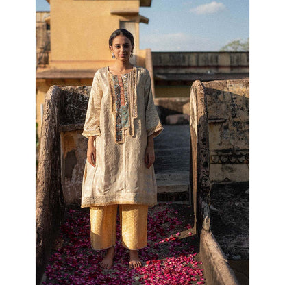 PRIYANKA RAAJIV Yara + Nara - Ivory Upcycled, Embroidered Kurta with Silk Pants (Set of 2)