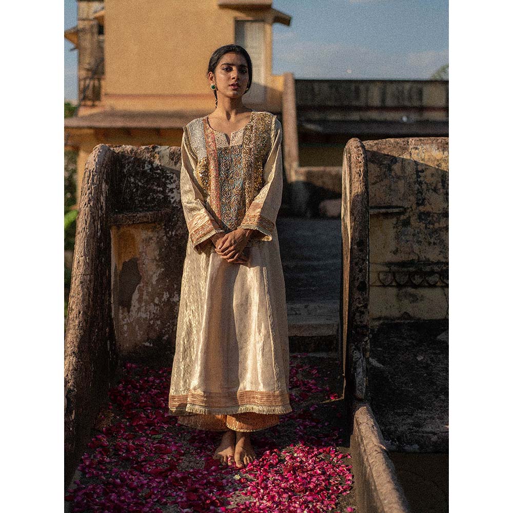 PRIYANKA RAAJIV Miharu + Rafa - Ivory Upcycled, Embroidered Kurta with Silk Pants (Set of 2)