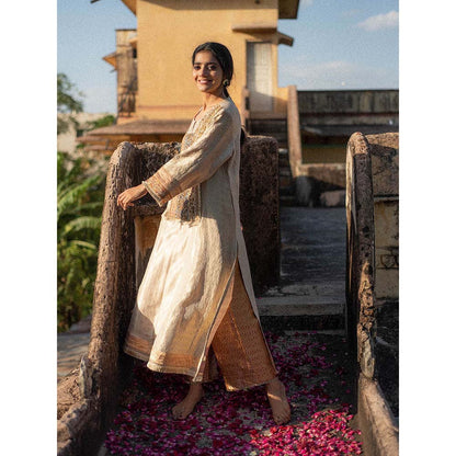 PRIYANKA RAAJIV Miharu + Rafa - Ivory Upcycled, Embroidered Kurta with Silk Pants (Set of 2)