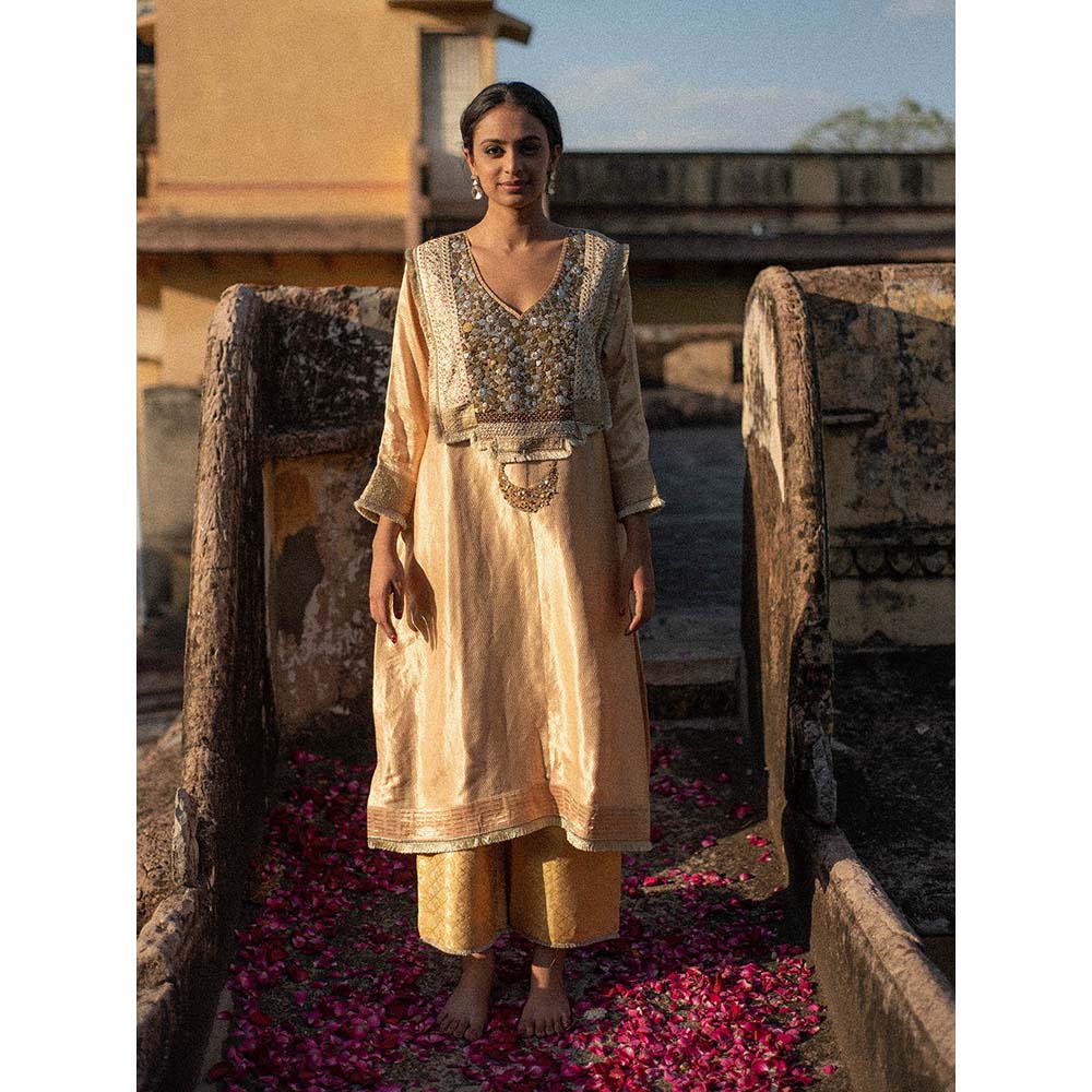 PRIYANKA RAAJIV Amani + Nara - Beige Upcycled Metal Work Kurta with Silk Pant (Set of 2)