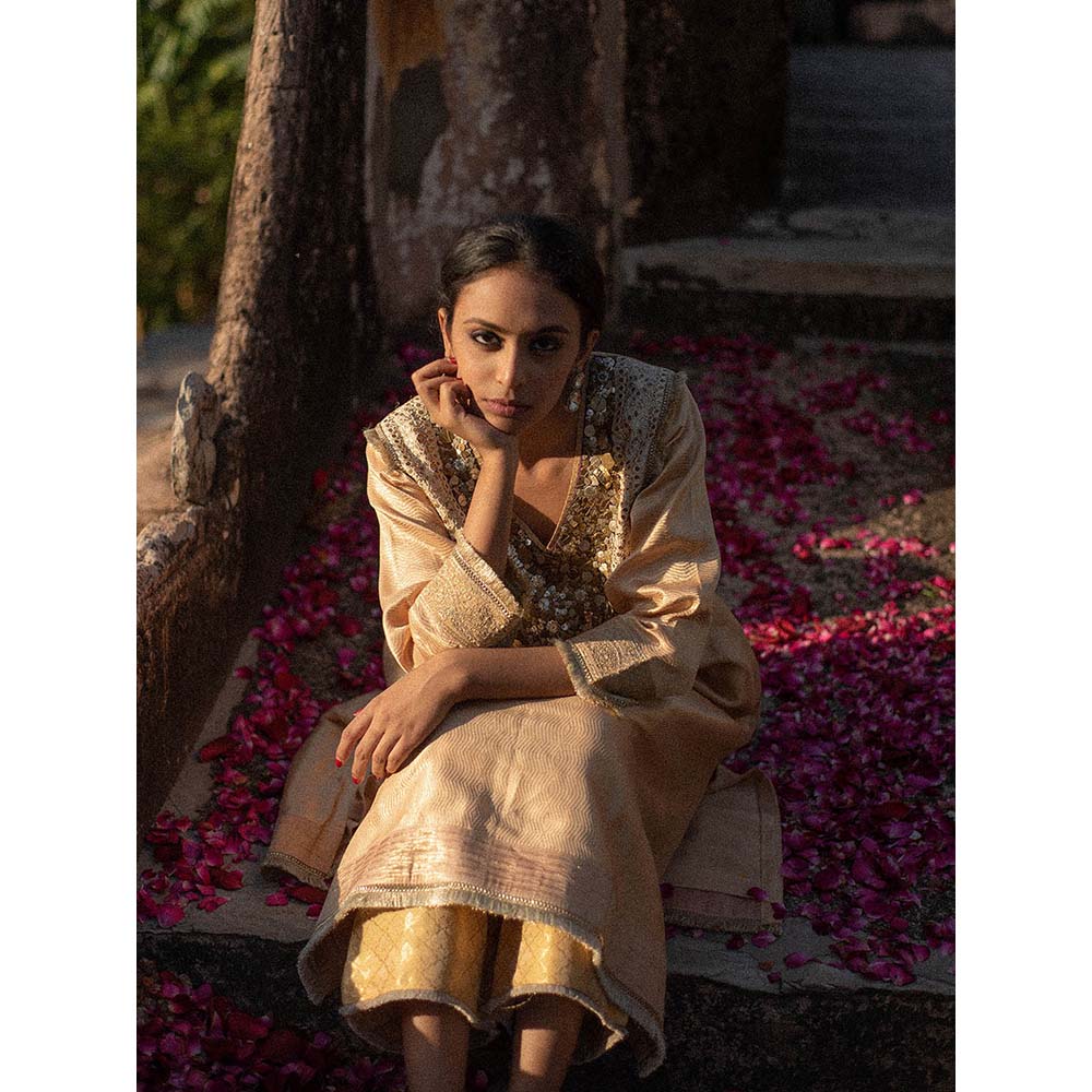 PRIYANKA RAAJIV Amani + Nara - Beige Upcycled Metal Work Kurta with Silk Pant (Set of 2)