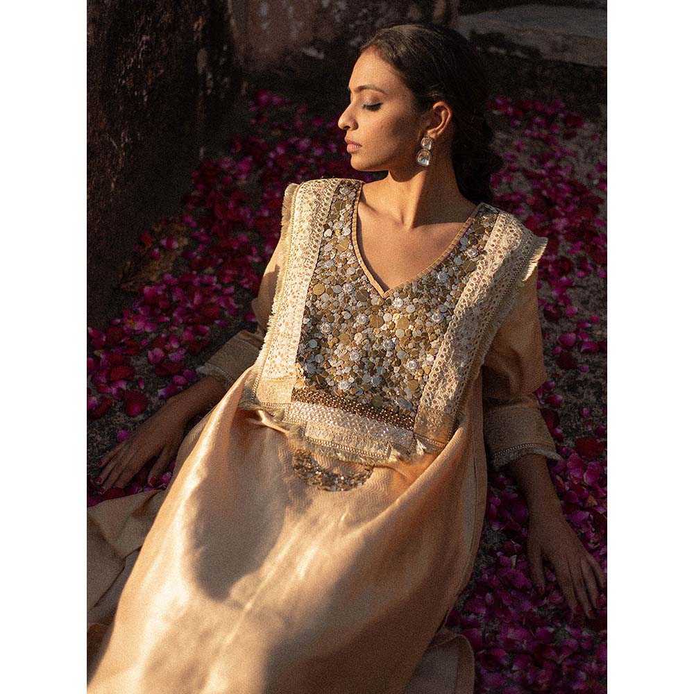 PRIYANKA RAAJIV Amani + Nara - Beige Upcycled Metal Work Kurta with Silk Pant (Set of 2)