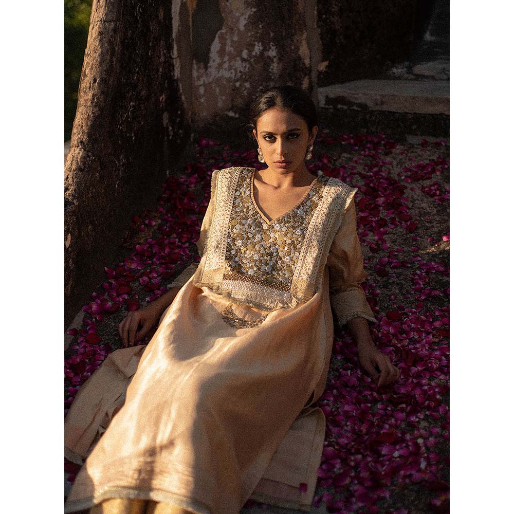 PRIYANKA RAAJIV Amani + Nara - Beige Upcycled Metal Work Kurta with Silk Pant (Set of 2)