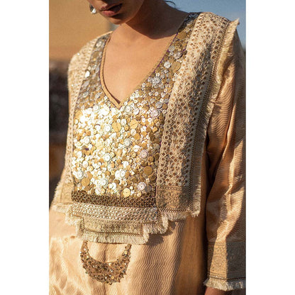 PRIYANKA RAAJIV Amani + Nara - Beige Upcycled Metal Work Kurta with Silk Pant (Set of 2)