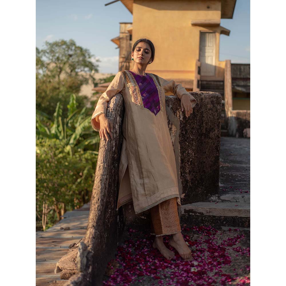 PRIYANKA RAAJIV Amari + Rafa - Beige Upcycled Brocade Kurta with Silk Brocade Pants (Set of 2)