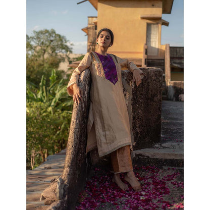 PRIYANKA RAAJIV Amari + Rafa - Beige Upcycled Brocade Kurta with Silk Brocade Pants (Set of 2)