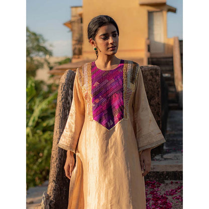 PRIYANKA RAAJIV Amari + Rafa - Beige Upcycled Brocade Kurta with Silk Brocade Pants (Set of 2)