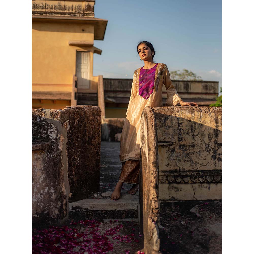 PRIYANKA RAAJIV Amari + Rafa - Beige Upcycled Brocade Kurta with Silk Brocade Pants (Set of 2)