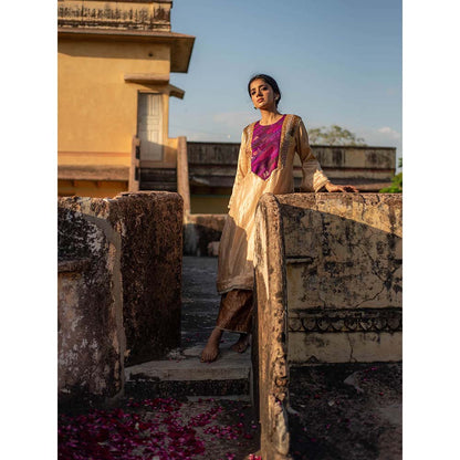 PRIYANKA RAAJIV Amari + Rafa - Beige Upcycled Brocade Kurta with Silk Brocade Pants (Set of 2)