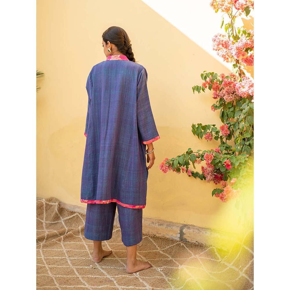 PRIYANKA RAAJIV Aroon - Saphire Cotton Co -Ord with Upcycled Patchwork Detailing (Set of 2)