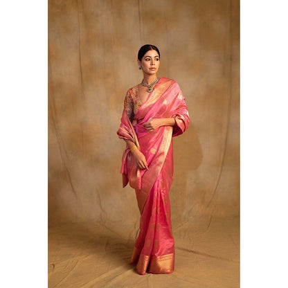 PRIYANKA RAAJIV Deepa Pink Silk Chanderi Saree with Unstitched Blouse