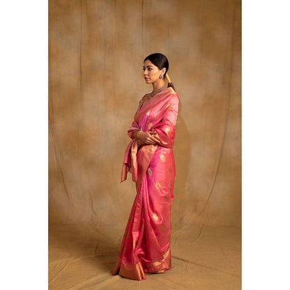 PRIYANKA RAAJIV Deepa Pink Silk Chanderi Saree with Unstitched Blouse