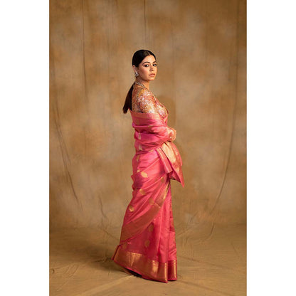 PRIYANKA RAAJIV Deepa Pink Silk Chanderi Saree with Unstitched Blouse