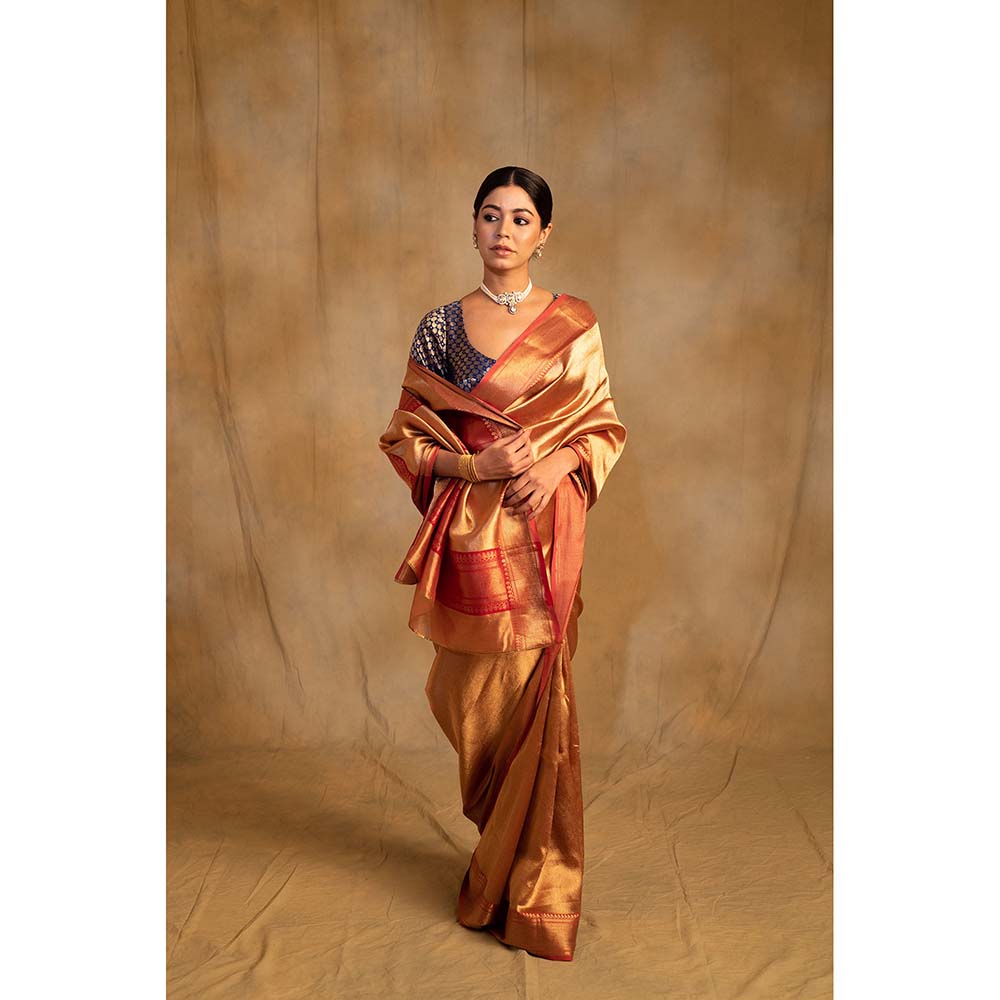 PRIYANKA RAAJIV Kylee Gold Silk Chanderi Sareee with Unstitched Blouse
