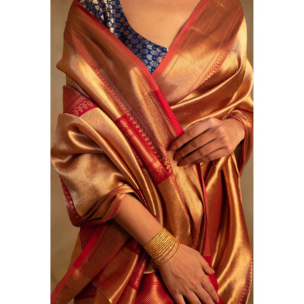 PRIYANKA RAAJIV Kylee Gold Silk Chanderi Sareee with Unstitched Blouse