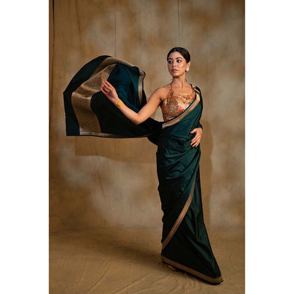 PRIYANKA RAAJIV Jayanti Deep Green Mashru Silk Saree with Unstitched Blouse