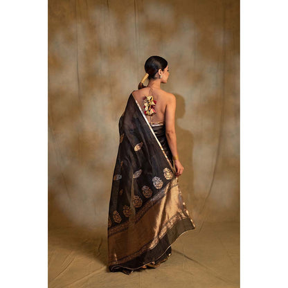 PRIYANKA RAAJIV Tritiya Black Linen-Silk Organza Banarasi Saree with Unstitched Blouse