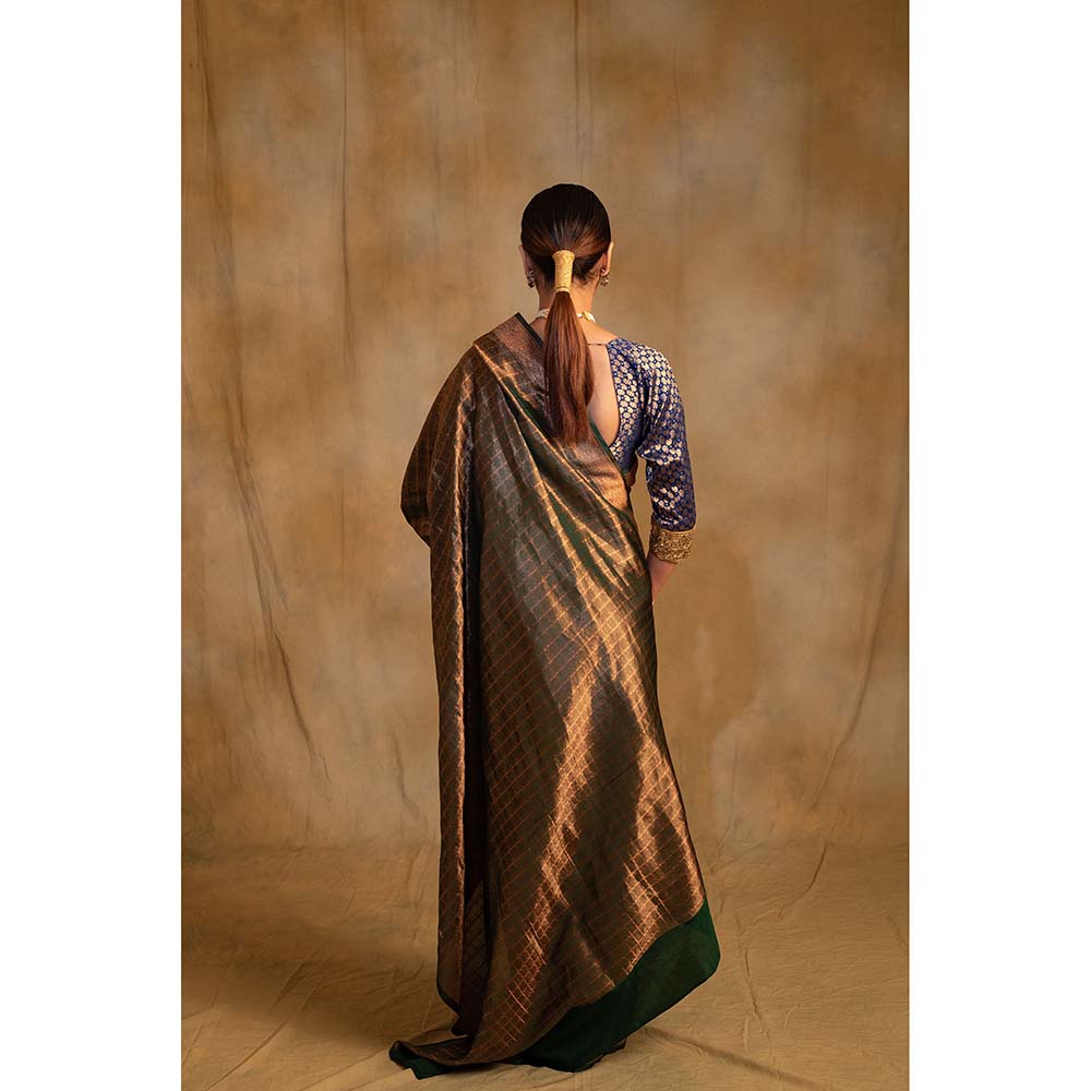 PRIYANKA RAAJIV Tusu Fern Green Silk Banarasi Saree with Unstitched Blouse