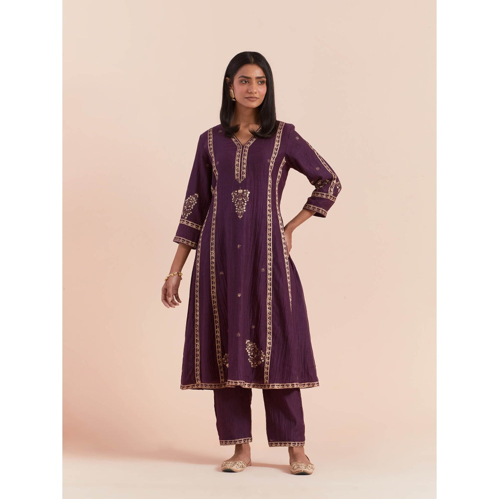 Priya Chaudhary Purple Soft Chanderi Kurta with Pants and Dupatta (Set of 3)