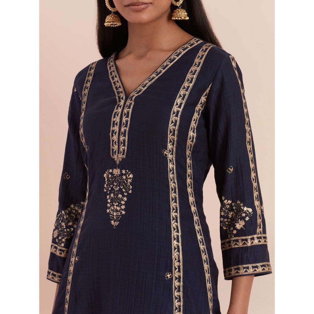 Priya Chaudhary Blue Soft Chanderi Kurta with Pants (Set of 2)