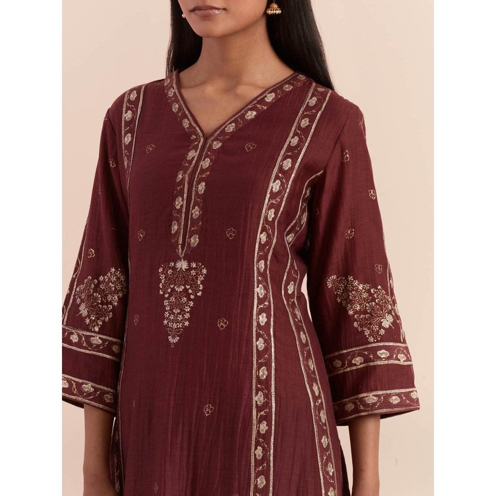 Priya Chaudhary Red Soft Chanderi Kurta with Pants and Dupatta (Set of 3)