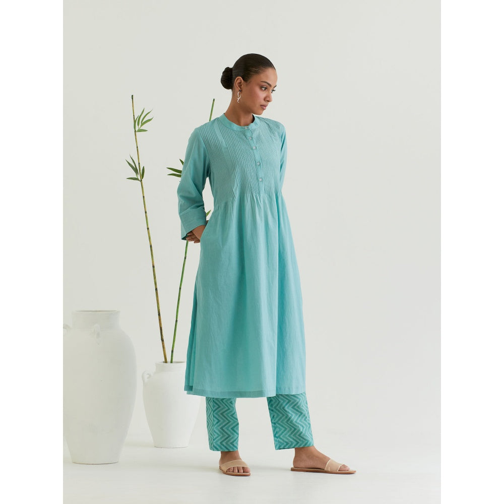 Priya Chaudhary Sea Green Pleated Kurta and Printed Pant (Set of 2)
