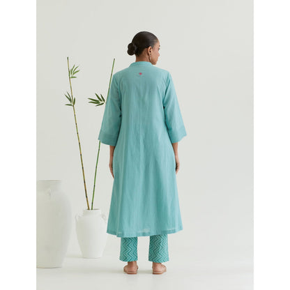 Priya Chaudhary Sea Green Pleated Kurta and Printed Pant (Set of 2)