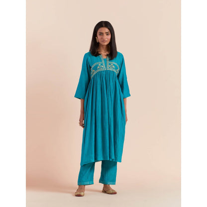 Priya Chaudhary Turquoise Anarkali Kurta with Pant and Dupatta (Set of 3)
