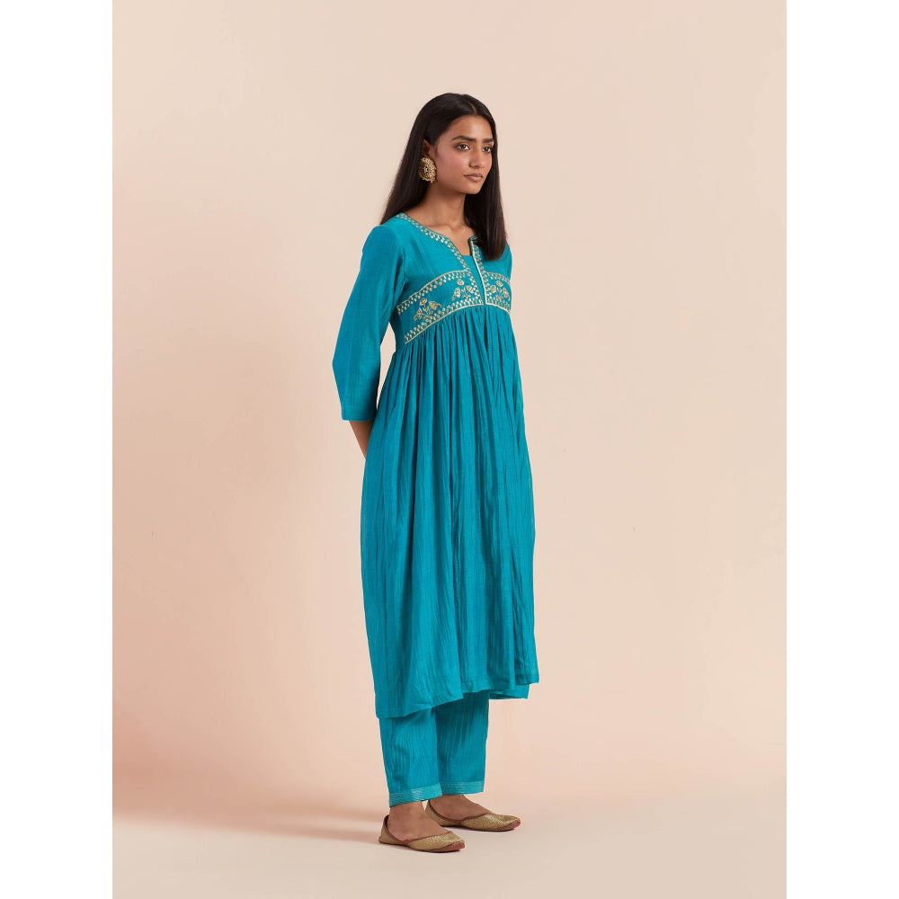 Priya Chaudhary Turquoise Anarkali Kurta with Pant (Set of 2)