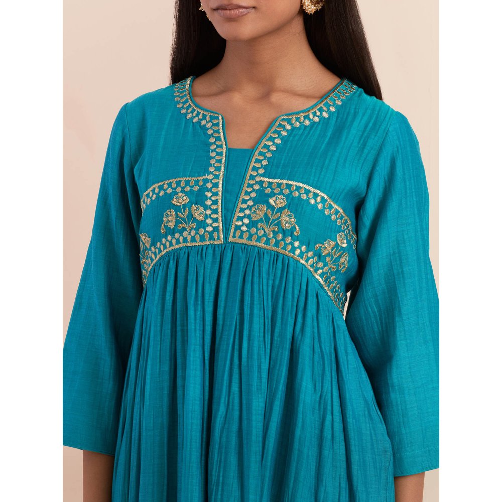 Priya Chaudhary Turquoise Anarkali Kurta with Pant (Set of 2)