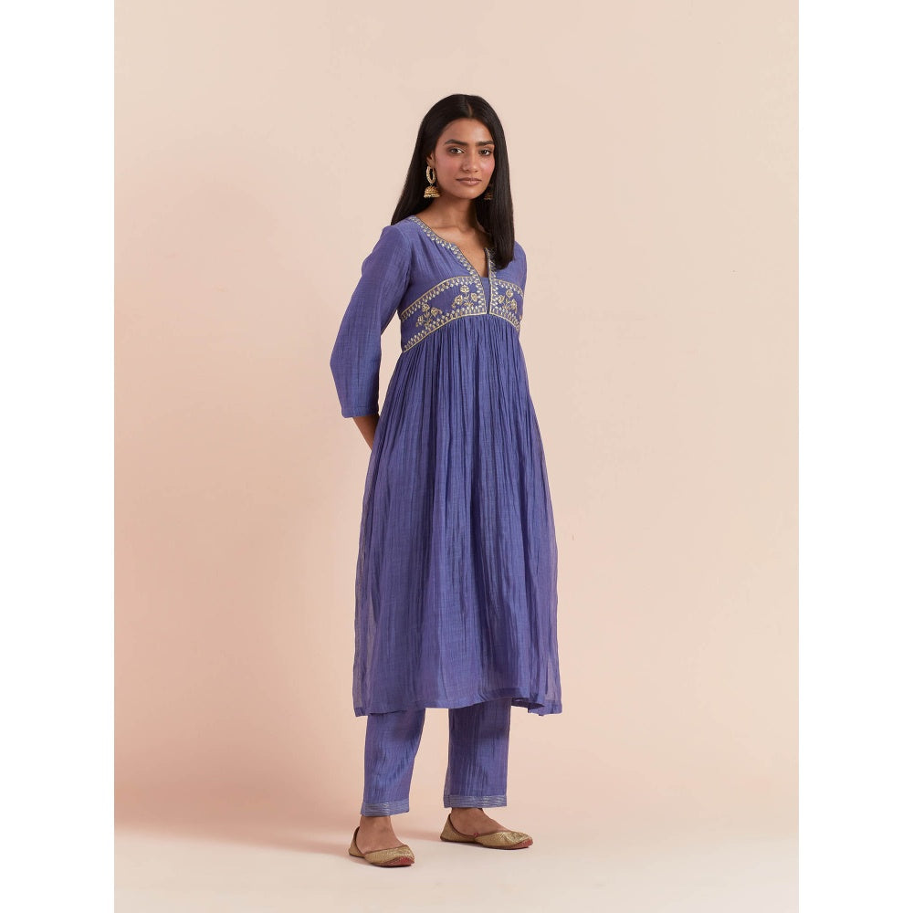 Priya Chaudhary Blue Anarkali Kurta with Pant and Dupatta (Set of 3)