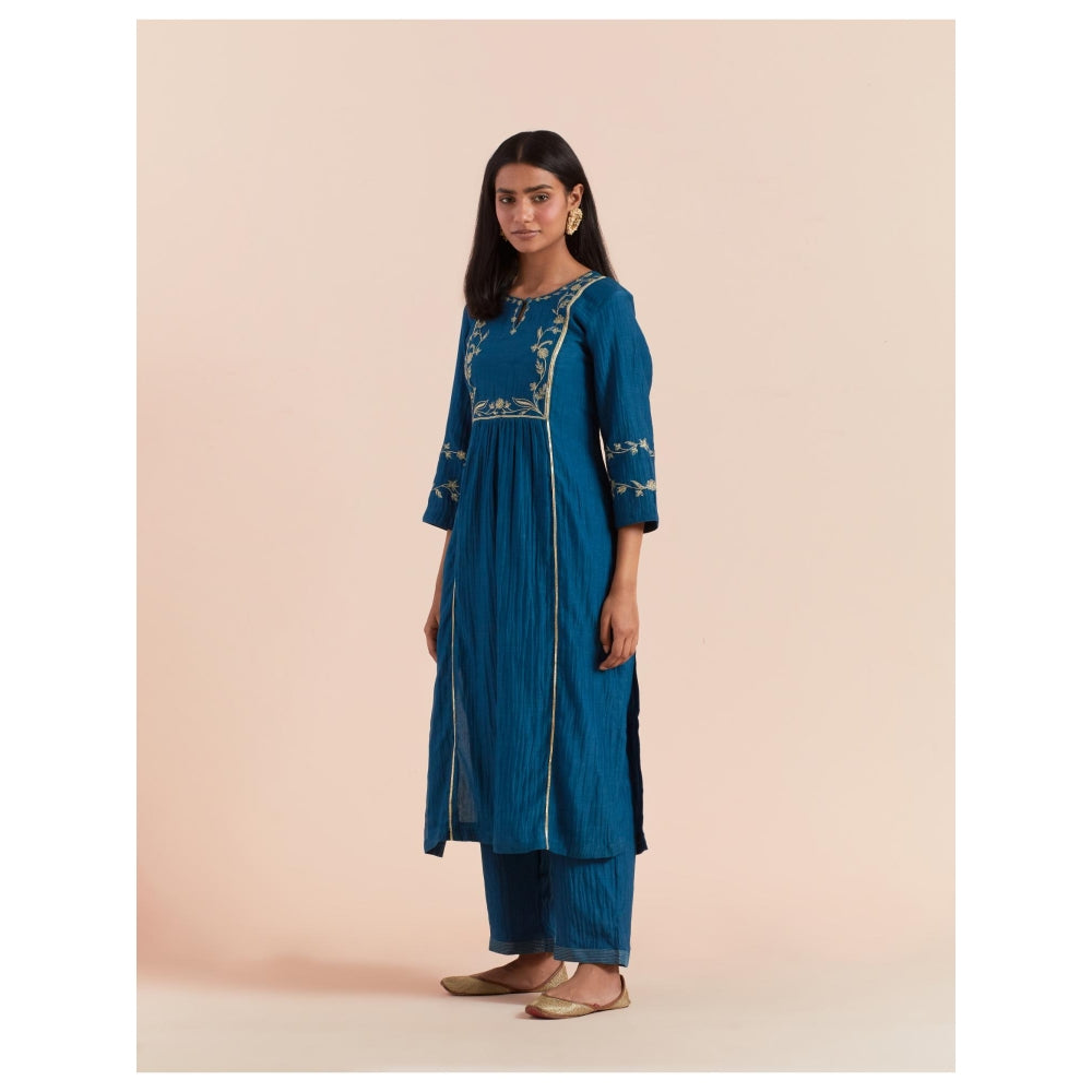 Priya Chaudhary Dark Teal Blue Embroidered Kurta with Pant and Dupatta (Set of 3)