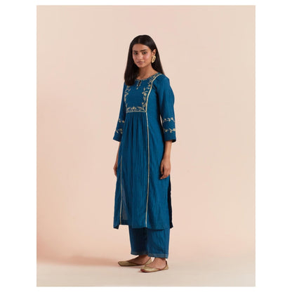 Priya Chaudhary Dark Teal Blue Embroidered Kurta with Pant and Dupatta (Set of 3)