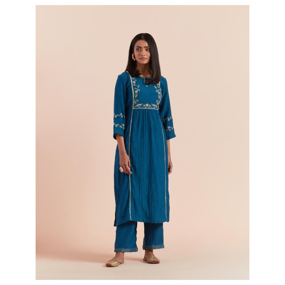 Priya Chaudhary Dark Teal Blue Embroidered Kurta with Pant and Dupatta (Set of 3)