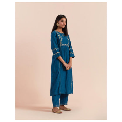 Priya Chaudhary Dark Teal Blue Embroidered Kurta with Pant (Set of 2)