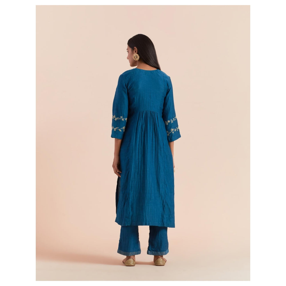 Priya Chaudhary Dark Teal Blue Embroidered Kurta with Pant (Set of 2)