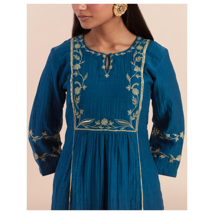 Priya Chaudhary Dark Teal Blue Embroidered Kurta with Pant (Set of 2)