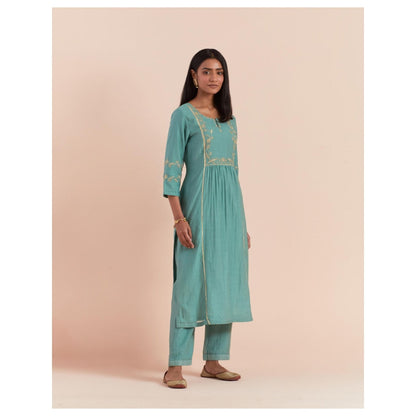 Priya Chaudhary Teal Blue Embroidered Kurta with Pant and Dupatta (Set of 3)