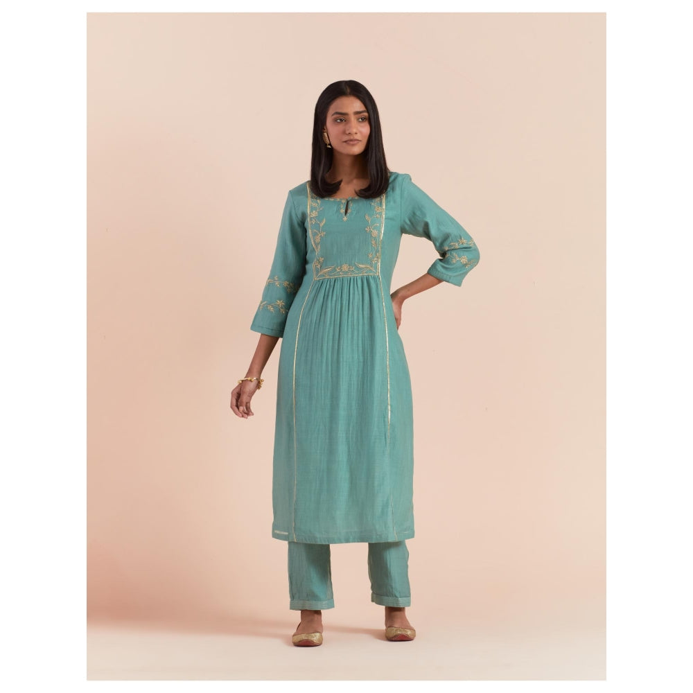 Priya Chaudhary Teal Blue Embroidered Kurta with Pant (Set of 2)