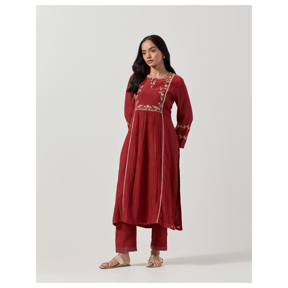 Priya Chaudhary Maroon Embroidered Kurta with Pant (Set of 2)